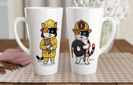Fireman cat latte mug